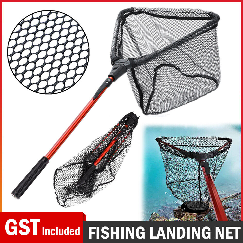 Fishing Landing Net Aluminum Alloy Red Portable Fish Mesh Foldable Pole Handle A