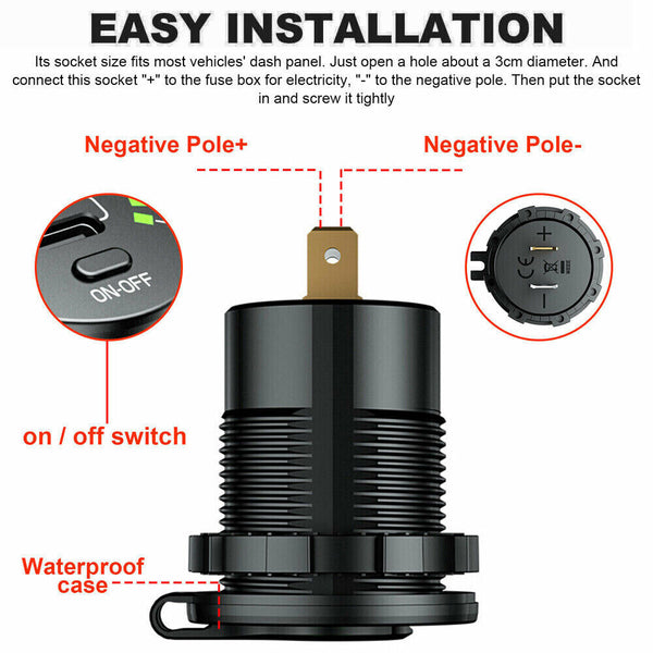 PD Type C USB Car Charger and QC 3.0 Charger 12V Power Outlet Socket ON / Off