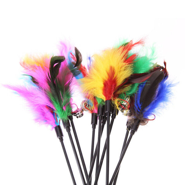 5X Cat Toy Play Feather Teaser Wand Interactive Stick Kitten Pet Fun Wire Bell