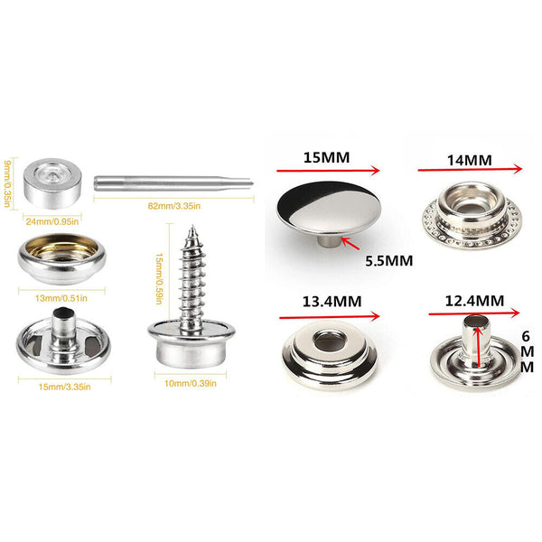 Snap Fastener Stainless Steel Cap 15mm Canvas Screw Press Stud Kit Boat Cover