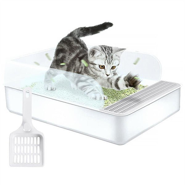 Open Cat Litter Tray Box Kitty Toilet Extra Large Entry And Splash Guard + Scoop