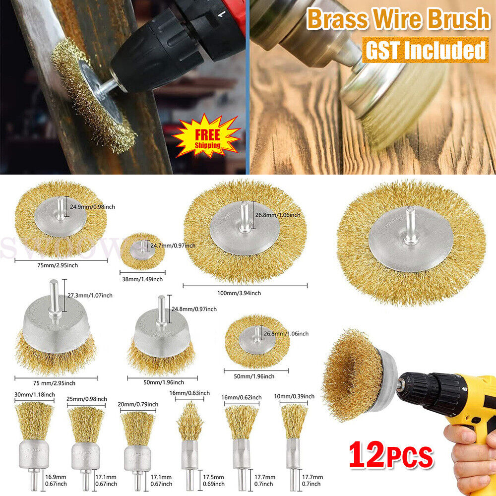 Crimped Brass Wire Wheel Brush Cup Set Rust Removal 1/4" Shank For Drill Tool