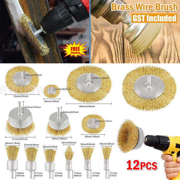 Crimped Brass Wire Wheel Brush Cup Set Rust Removal 1/4" Shank For Drill Tool