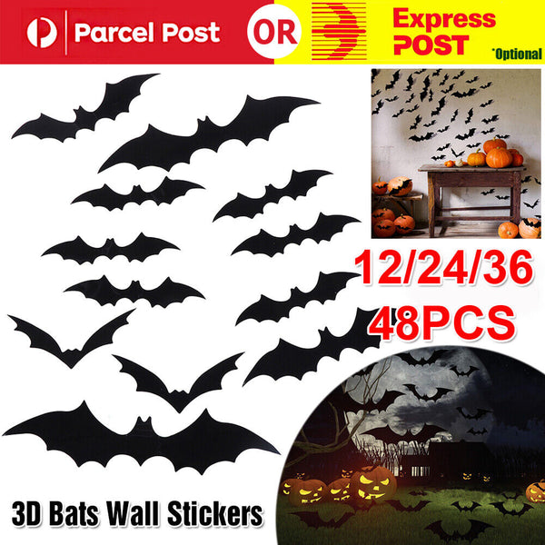 Halloween 12-48PCS DIY Scary Horror 3D Bats Decoration Wall Decals Stickers AU