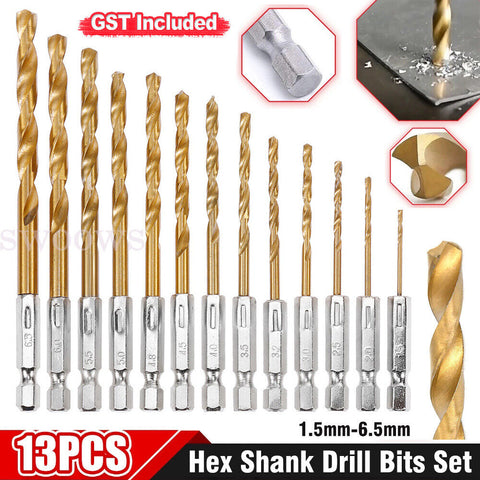 13 PCS Quick Change HSS Titanium Drill Bits Hex Shank Set Soft Metal Wood Timber