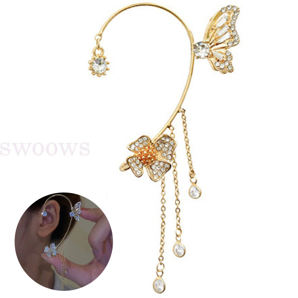 Zircon Butterfly Tassel Ear Cuff Clip Non Piercing Ear Clip Wrap Ladies Earrings