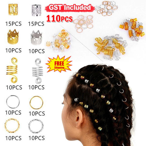 100pcs Dreadlock Hair Braid Cuff Clips Bead Ring Wrap Adjustable Jewellery Set