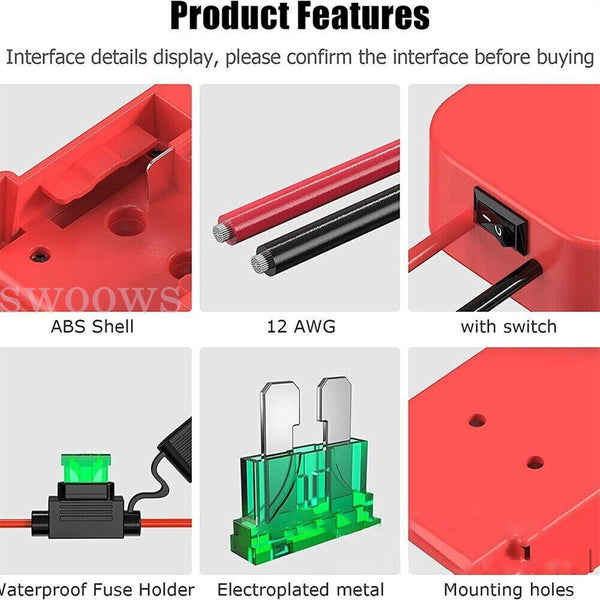 Battery Adapter Base With Fuse Built-in Switch For 18V To Dock Holder 12Awg