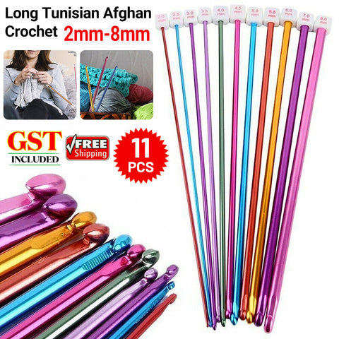 11Pcs Long Tunisian Afghan Crochet Hook Aluminum Knitting Needles Tool 2mm-8mm