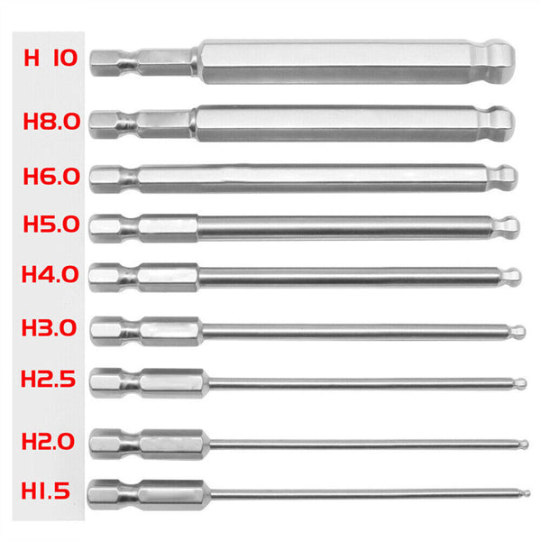 9pcs 1/4 inch Hex Shank Ball End Allen Wrench Drill Bits Set 100mm Metric Long