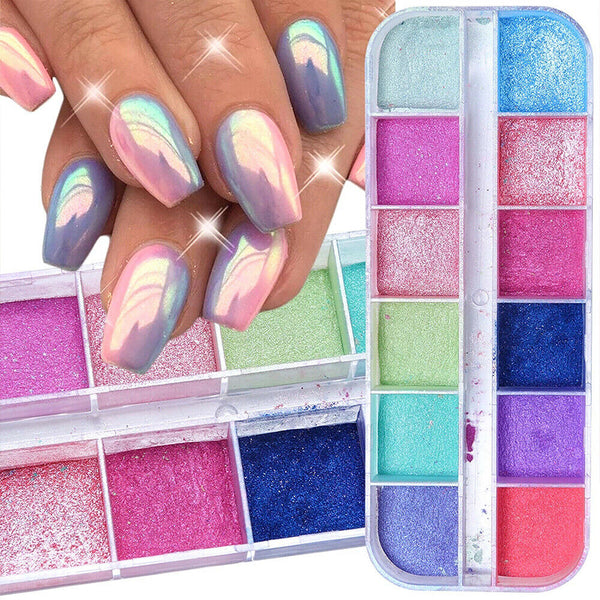 Aurora Mermaid Unicorn Pearl Shimmer Mirror AB Chrome Effect Nail Powder 12 Grid