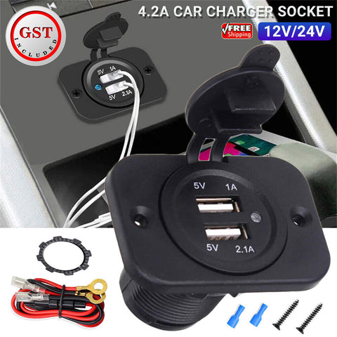 12V/24V 4.2A Car Charger Socket Outlet LED Dual USB Port For Car Truck RV Boat