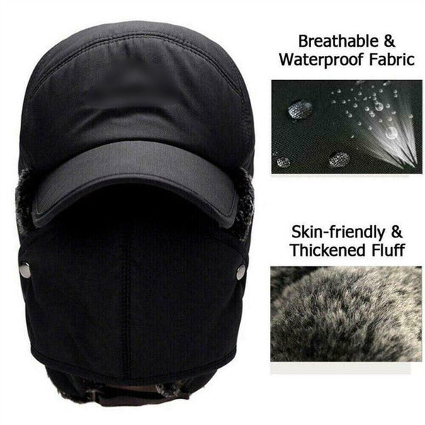 Winter 3 in 1 Thermal Fur Lined Trapper Bomber Hat with Ear Flap Face Mask Cap