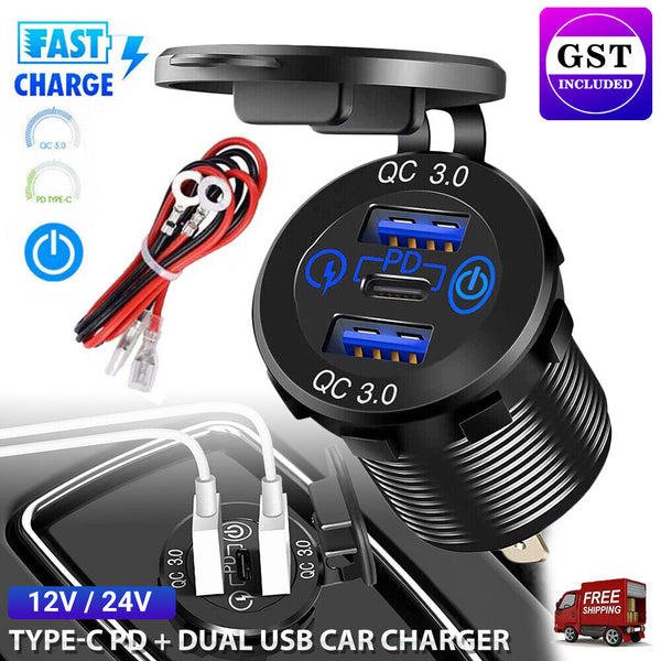 12V 24V Type-C PD+USB Car Charger Socket Adapter Power Outlet Dual USB ON / OFF