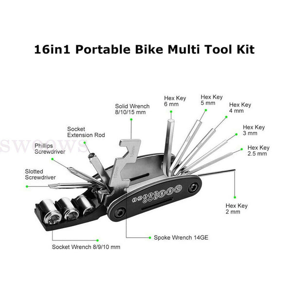 16 in 1 Portable Bike Multi Tool Kit Bicycle Cycling Multitool Chain Tyre Repair