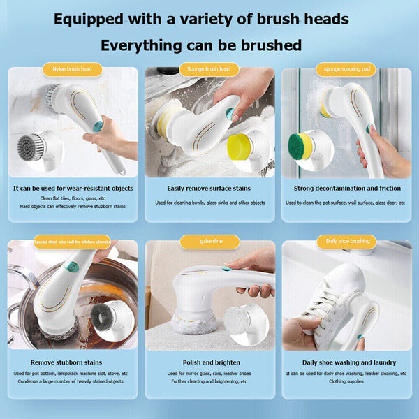 5 In 1 Handheld Electric Cleaning Brush Power Scrubber Cordless USB Rechargeable