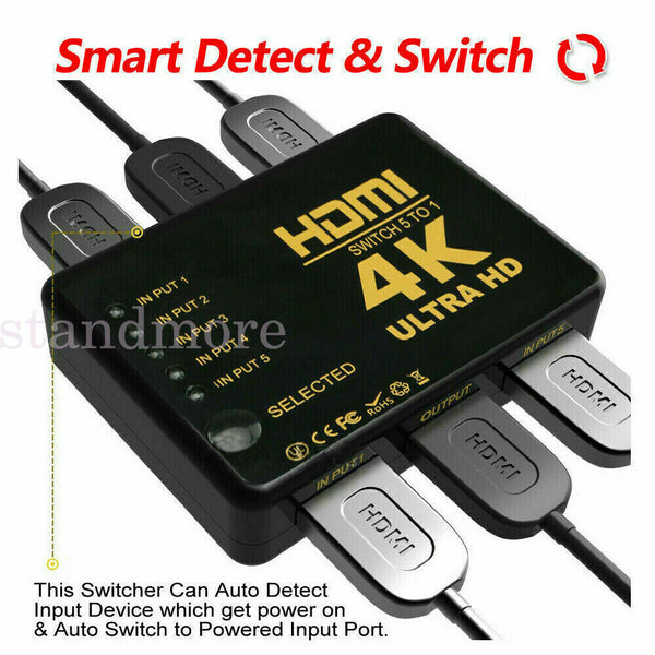 4K HDMI Switch Switcher Selector 5 Port Splitter Hub IR Remote For HDTV PS3 PS4