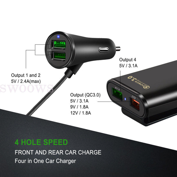 Multi USB Fast Car Charger 4 Ports Quick QC3.0 Adapter Cigarette Lighter Socket