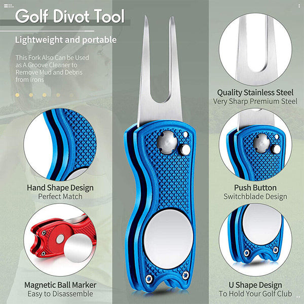 Foldable Metal Golf Divot Repair Tool with Pop-up Button & Magnetic Ball Marker