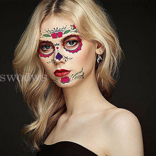 Waterproof Day Of The Dead Face Dress Up Halloween Temporary Tattoo Stickers