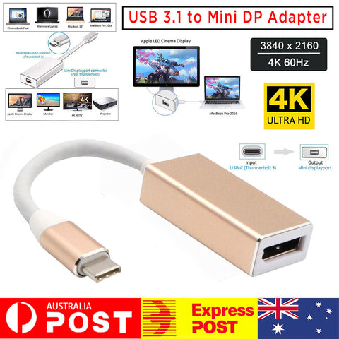 USB 3.1 Type C to Mini Display Port USB DP 4K Video Adapter Converter Cable GOLD