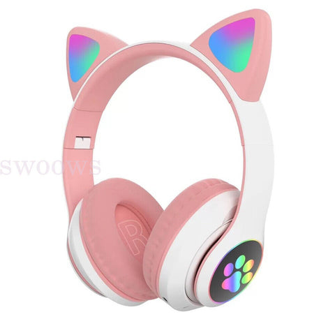 Wireless Headphones Cat Ear Bluetooth Over Ear Kids Headsets LED Lights Foldable