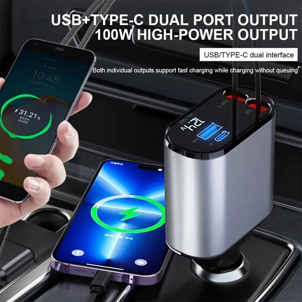 USB Car Charger 4 in 1 Car Charger Adapter Fast Charging with Dual Retractable C