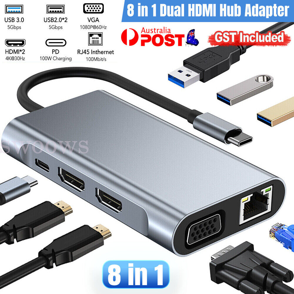 USB C To Dual HDMI Adapter USB C Docking Station 8 In 1 Triple Display USB C