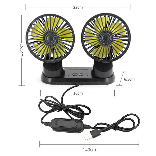 USB Powered Car Fan Dual Head 3-Speed Dashboard Rotation Cooling Fan Air Cooler