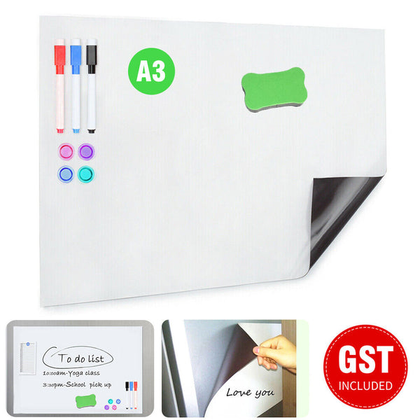 A3 Soft Magnetic Whiteboard for Fridge 400X300MM with 3 markers & an Eraser