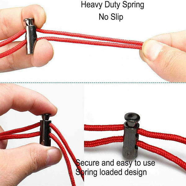 UPTO 100X Double Hole Metal Cord Lock Apparel Clamp Barrel Toggle Spring Stopper