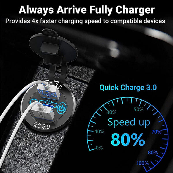12V 24V Type-C PD+USB Car Charger Socket Adapter Power Outlet Dual USB ON / OFF