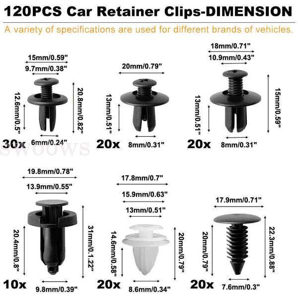 120PCS Car Body Trim Clips Fastener Rivet Retainer Bumper Panel Push Pin Kit Set