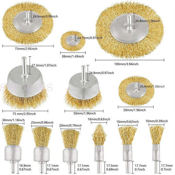 Crimped Brass Wire Wheel Brush Cup Set Rust Removal 1/4" Shank For Drill Tool