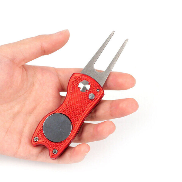 Foldable Metal Golf Divot Repair Tool with Pop-up Button & Magnetic Ball Marker