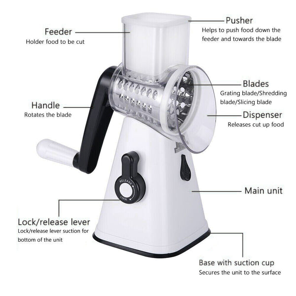 Food Manual Rotary Grater Chopper Kitchen Vegetable Fruit Slicer Cutter Shredder