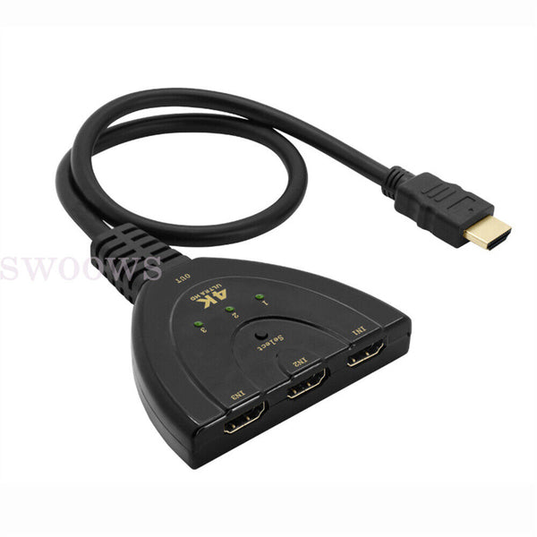 4K Ultra HD 3 Way HDMI Switch Splitter HDTV Auto 3 Port IN 1 OUT with Cable