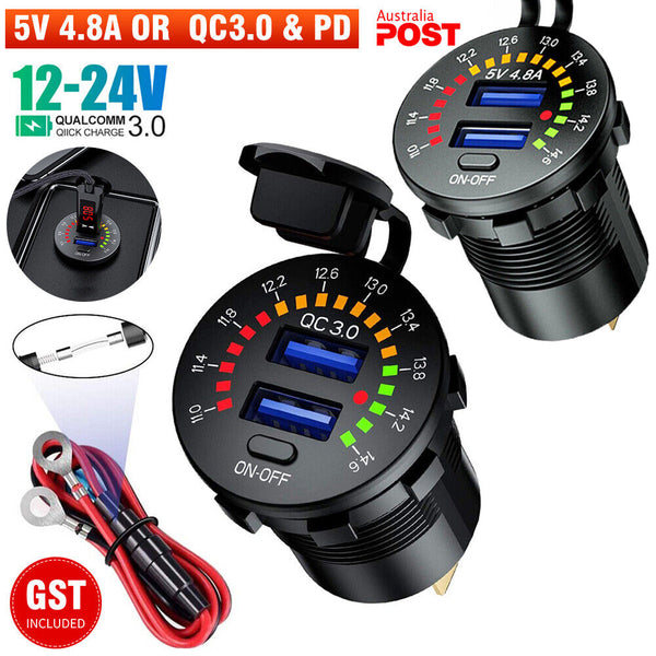 PD Type C USB Car Charger and QC 3.0 Charger 12V Power Outlet Socket ON / Off