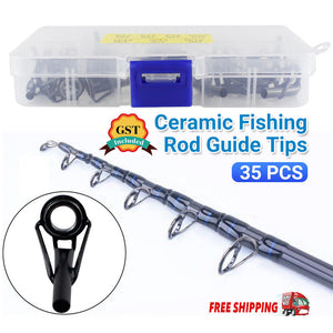 35PCS Ceramic Fishing Rod Guide Tips Top Eye Rings Line Repair Kit 7 Sizes Set