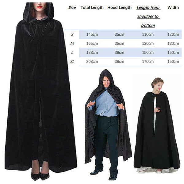 Adult Black Hooded Cape Robe Cloak Vampire Halloween Cosplay Costume Party S-XL