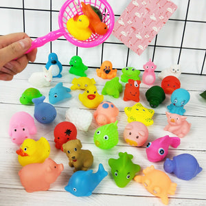 10pcs Rubber Animals Swimming Sound Squeeze Toys Shower Bath + Net