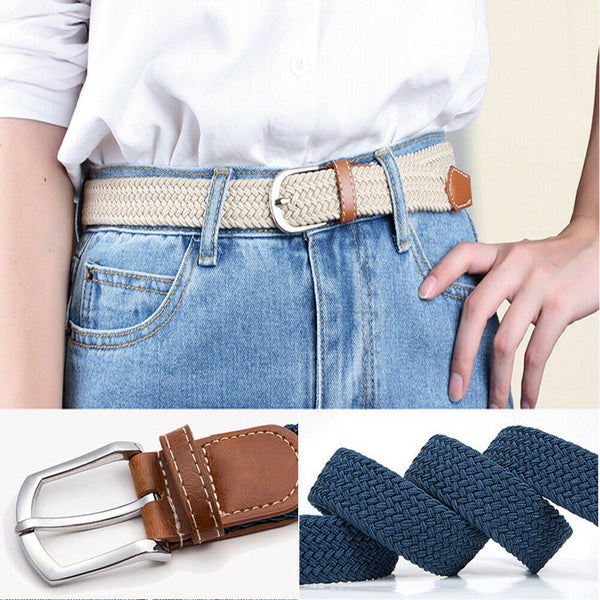 Unisex Stretch Elastic Braided Woven Canvas Buckle Jeans Waist Belt Waistband