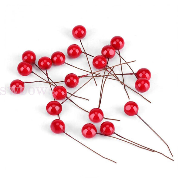 100pcs Red Berries Artificial Fake Fruits Christmas Craft Holly Berry Xmas Decor