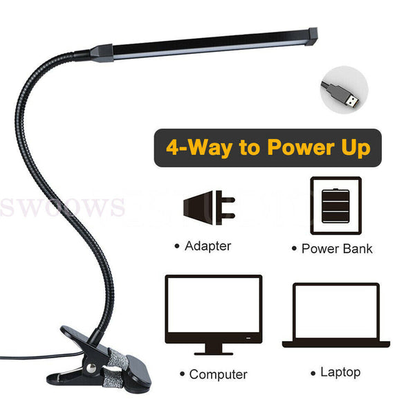 LED Table Bedside Desk Lamp with Clamp Eye-Care Study Reading Light Dimmable USB