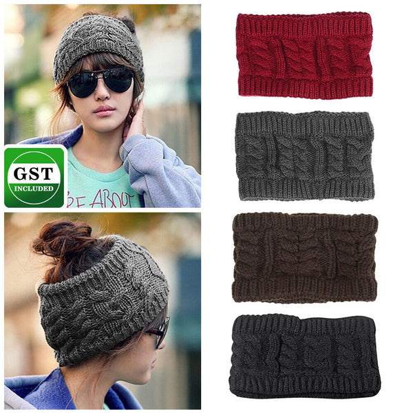 Women Beanie Stretch Knit Hat Crochet Band Ponytail Tail Bun Messy Skull Head