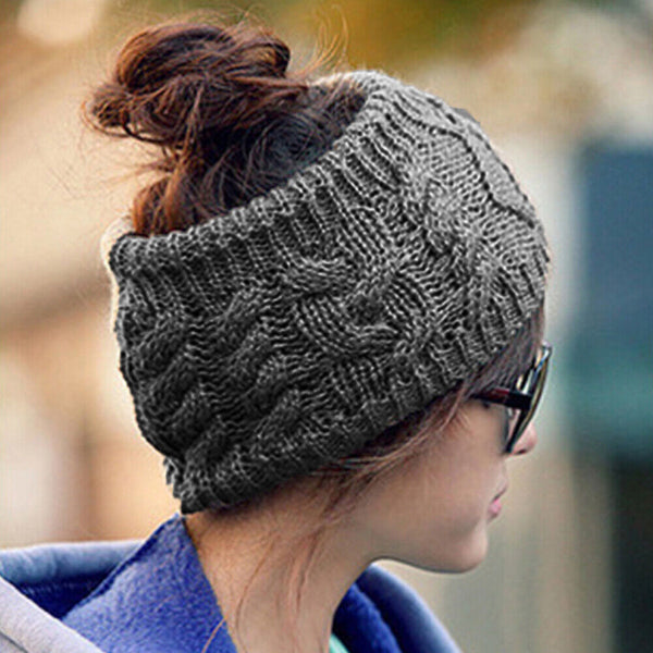 Women Beanie Stretch Knit Hat Crochet Band Ponytail Tail Bun Messy Skull Head