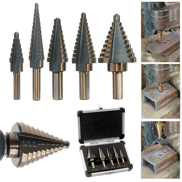 5PCS HSS Step Steel Cone Drill Hole Cutter Titanium Bits Set Kit + Aluminum Case