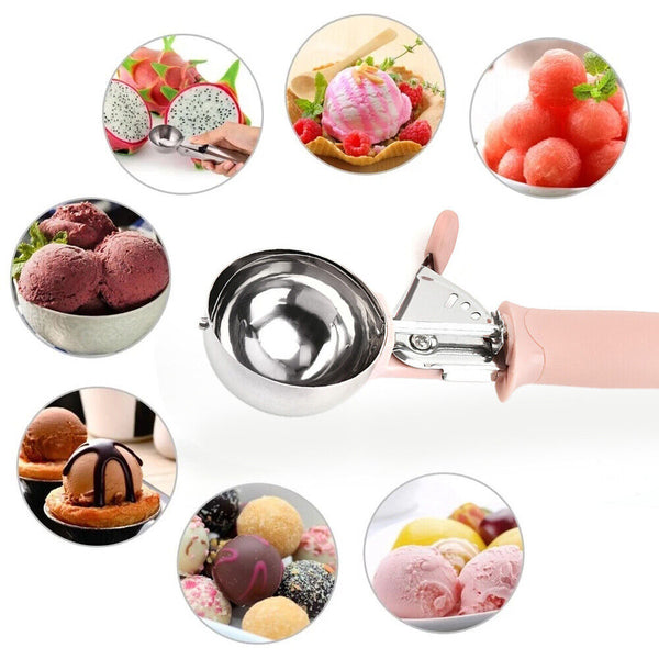 1/2PCS Stainless Steel Icecream Ice Cream Scoop Cookie Dough Mash Spoon Trigger