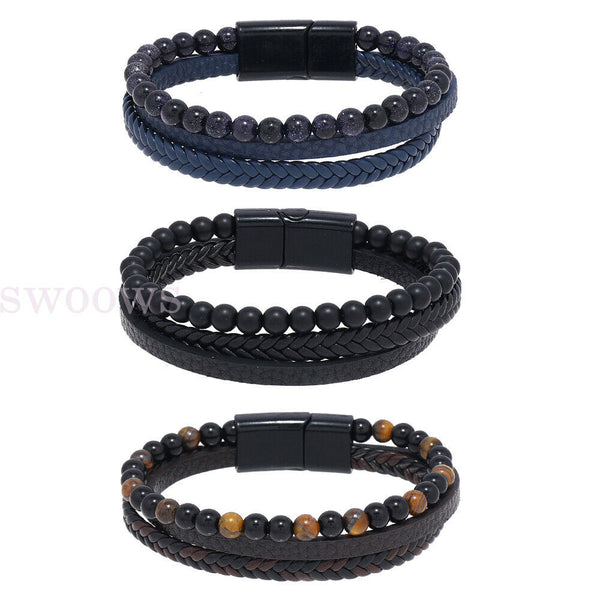 Mens Leather Braided Surfer Wristband Bracelet Tiger Eyes Beaded Bangle Gifts