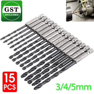 15pcs HSS Nitride Twist Drill Bits Set Quick Change 1/4" Hex Shank 3mm 4mm 5mm